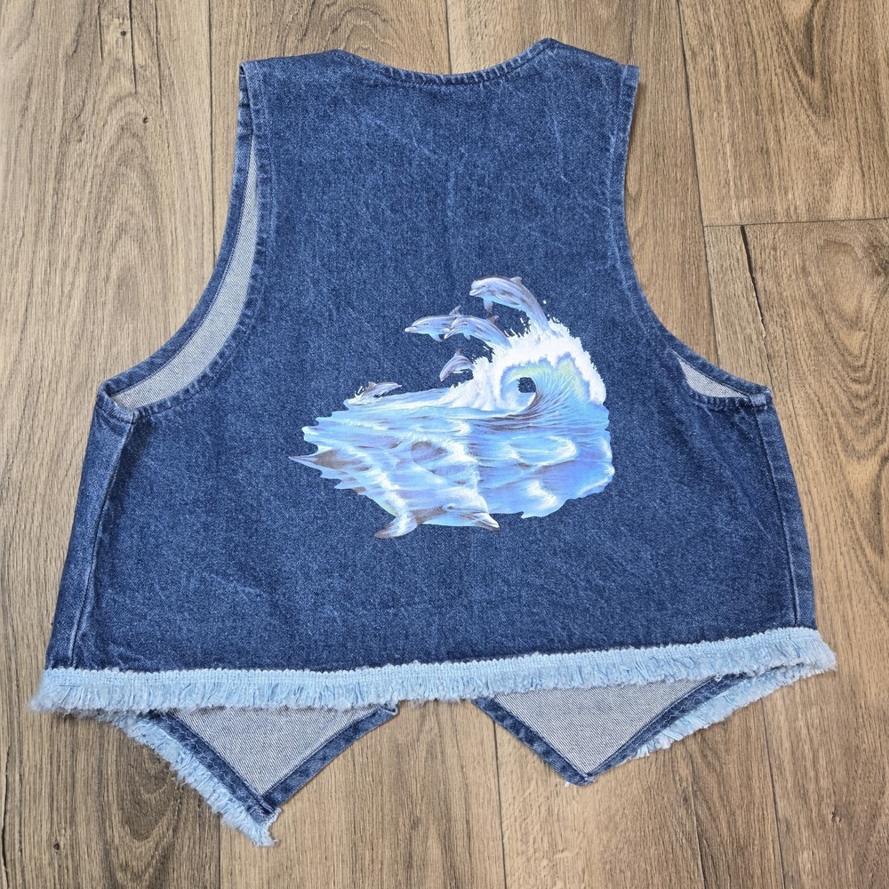 Vintage‎ Denim Fringe Womens Vest Size Large Dolphin Print